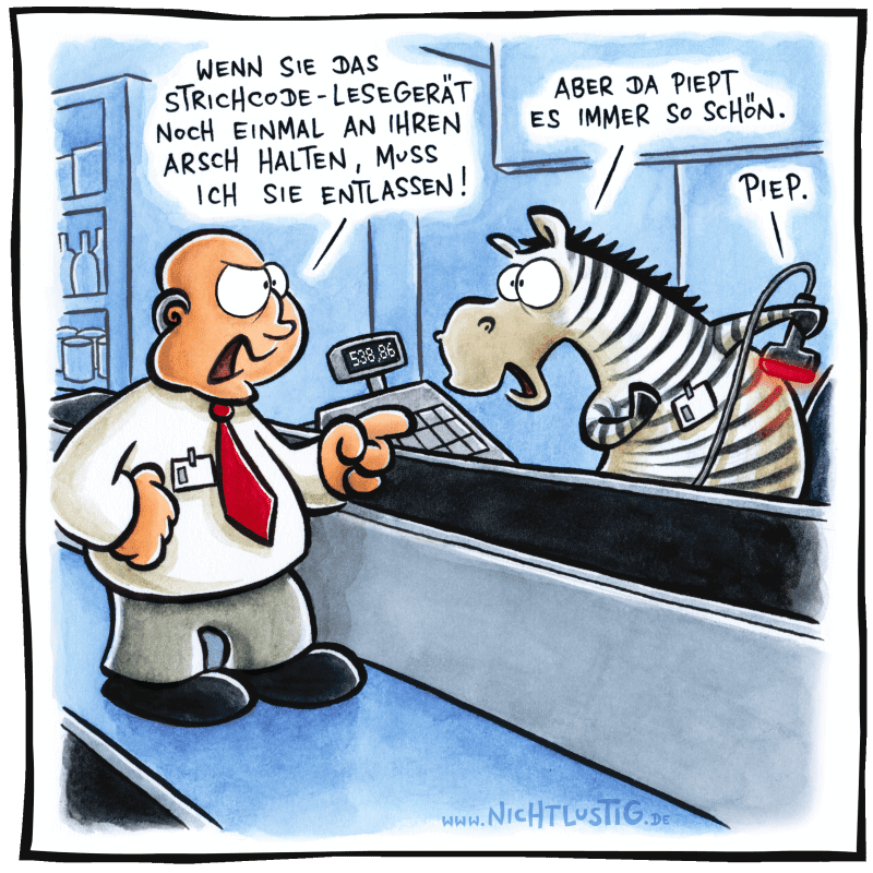 Comic, der Lachen auslösen sollte (Zebra arbeitet an einer Supermarktkasse und wird ausgeschimpft, weil es immer seinen eigenen Po scannt)